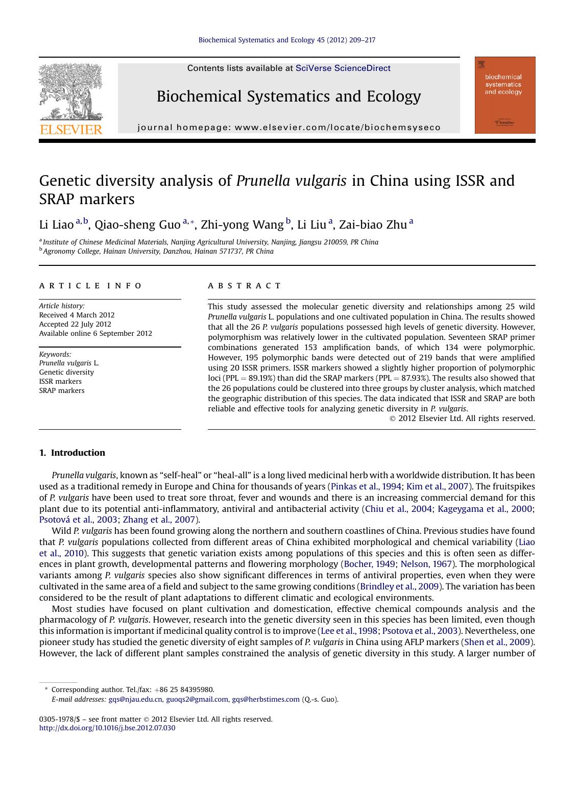 Genetic diversity analysis of Prunella vulgaris in China using ISSR and SRAP markers by Li Liao & Qiao-sheng Guo & Zhi-yong Wang & Li Liu & Zai-biao Zhu