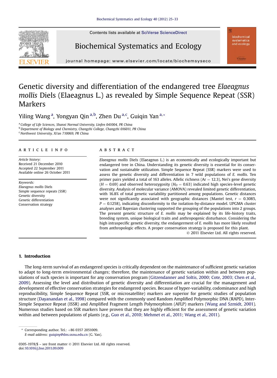 Genetic diversity and differentiation of the endangered tree Elaeagnus mollis Diels (Elaeagnus L.) as revealed by Simple Sequence Repeat (SSR) Markers by Yiling Wang & Yongyan Qin & Zhen Du & Guiqin Yan