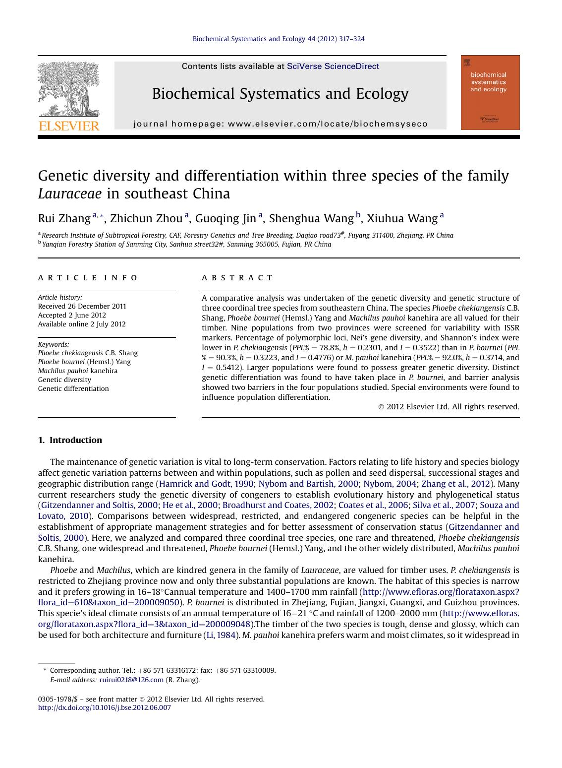 Genetic diversity and differentiation within three species of the family Lauraceae in southeast China by unknow
