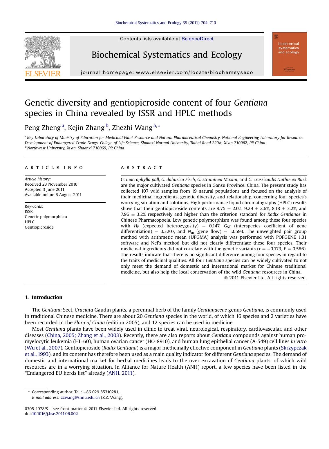 Genetic diversity and gentiopicroside content of four Gentiana species in China revealed by ISSR and HPLC methods by Peng Zheng & Kejin Zhang & Zhezhi Wang
