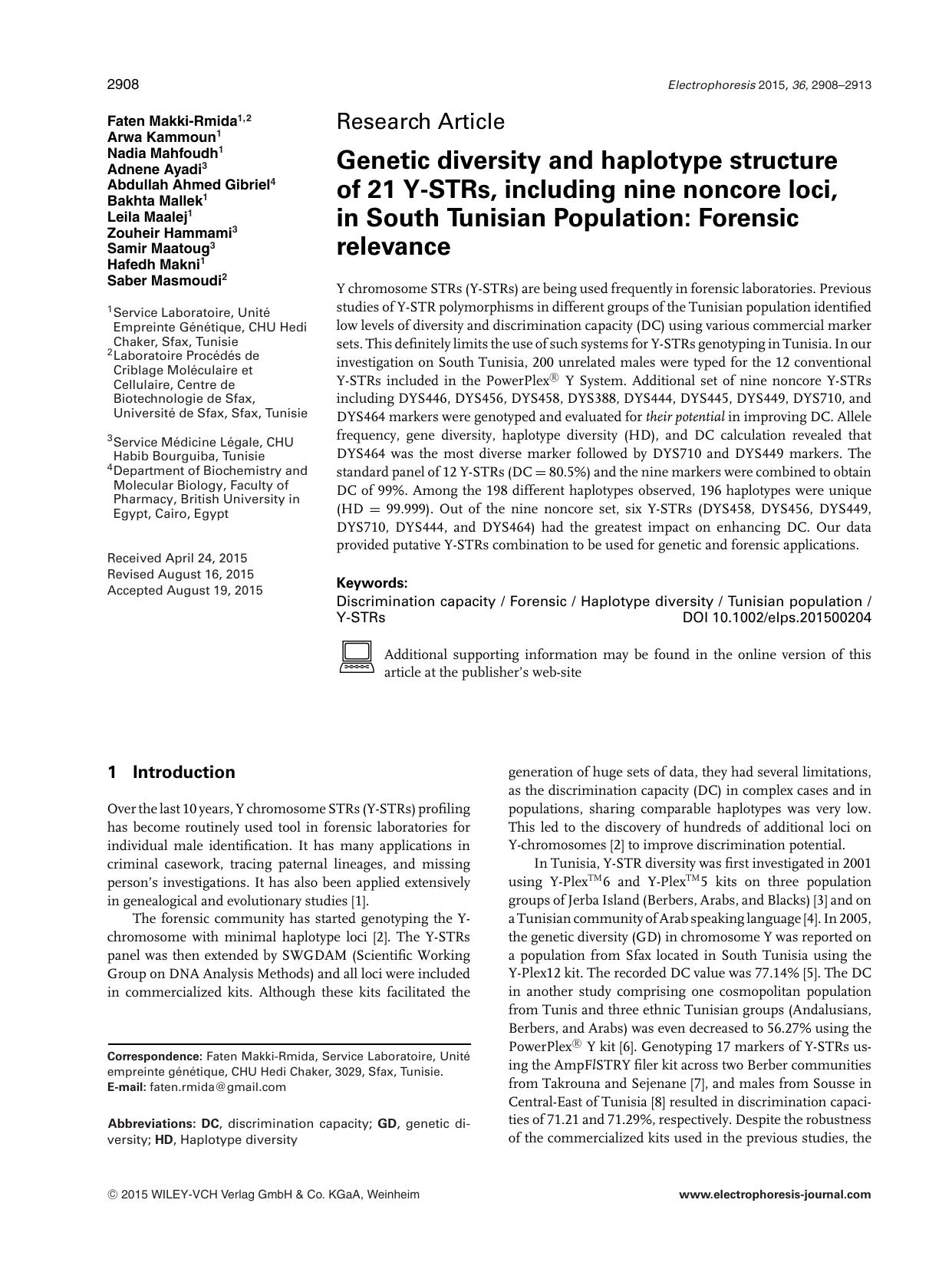 Genetic diversity and haplotype structure of 21 Y‐STRs, including nine noncore loci, in South Tunisian Population: Forensic relevance by Unknown
