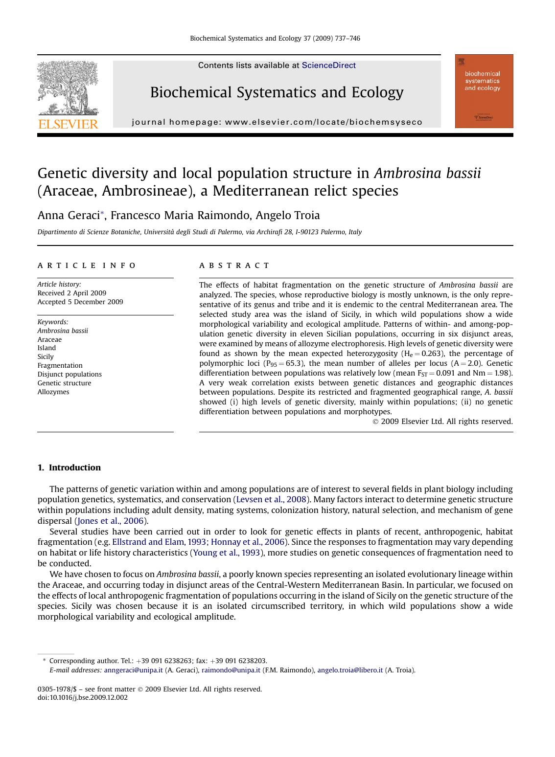 Genetic diversity and local population structure in Ambrosina bassii (Araceae, Ambrosineae), a Mediterranean relict species by Anna Geraci; Francesco Maria Raimondo; Angelo Troia