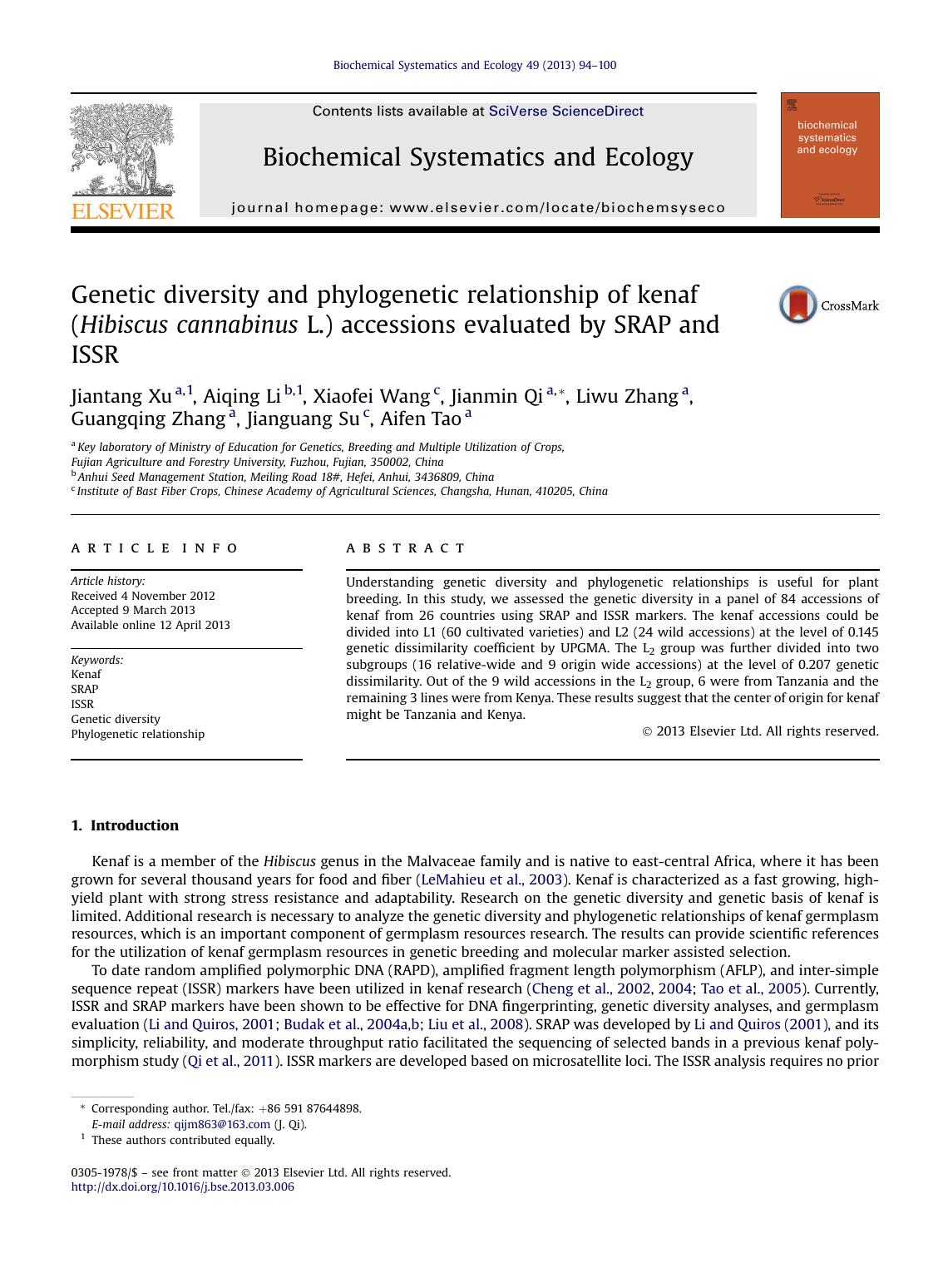 Genetic diversity and phylogenetic relationship of kenaf (Hibiscus cannabinus L.) accessions evaluated by SRAP and ISSR by unknow