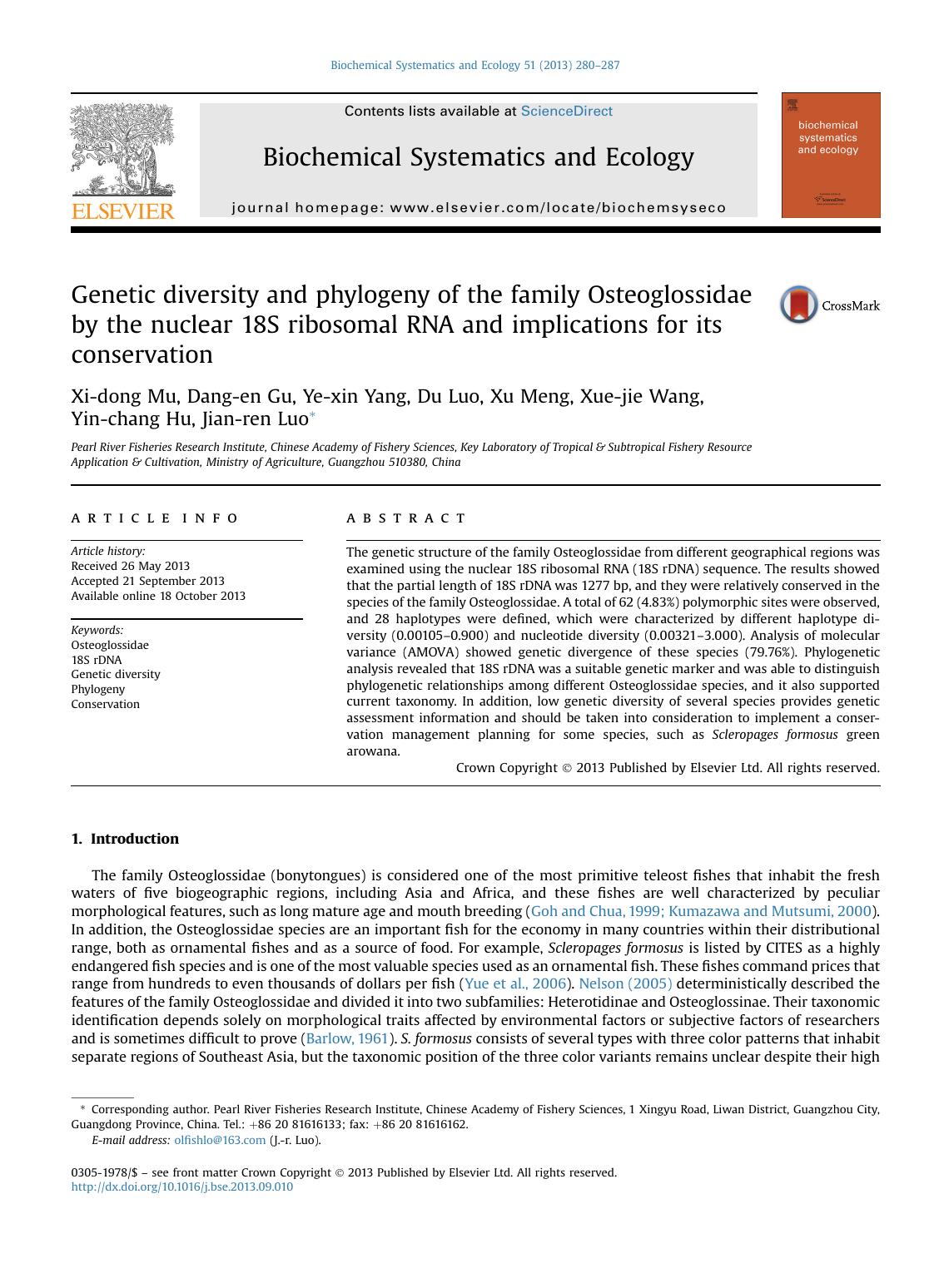 Genetic diversity and phylogeny of the family Osteoglossidae by the nuclear 18S ribosomal RNA and implications for its conservation by unknow
