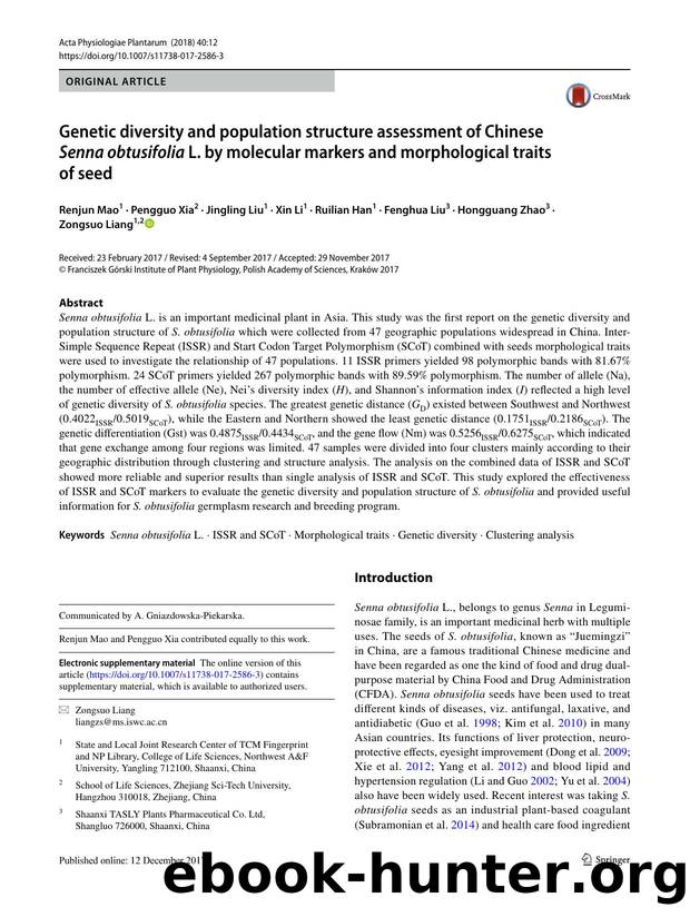 Genetic diversity and population structure assessment of Chinese Senna obtusifolia L. by molecular markers and morphological traits of seed by unknow