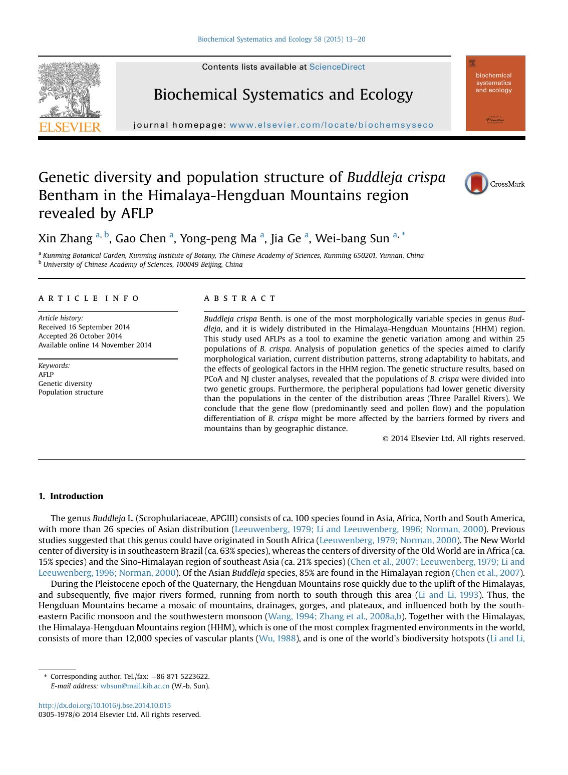 Genetic diversity and population structure of Buddleja crispa Bentham in the Himalaya-Hengduan Mountains region revealed by AFLP by Xin Zhang & Gao Chen & Yong-peng Ma & Jia Ge & Wei-bang Sun