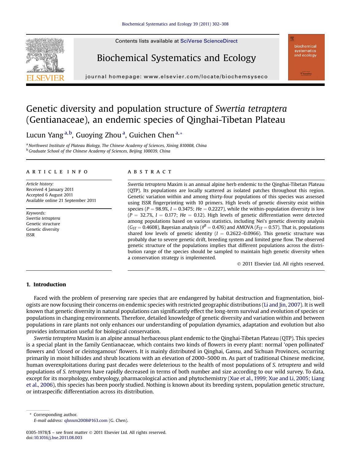 Genetic diversity and population structure of Swertia tetraptera (Gentianaceae), an endemic species of Qinghai-Tibetan Plateau by Lucun Yang & Guoying Zhou & Guichen Chen