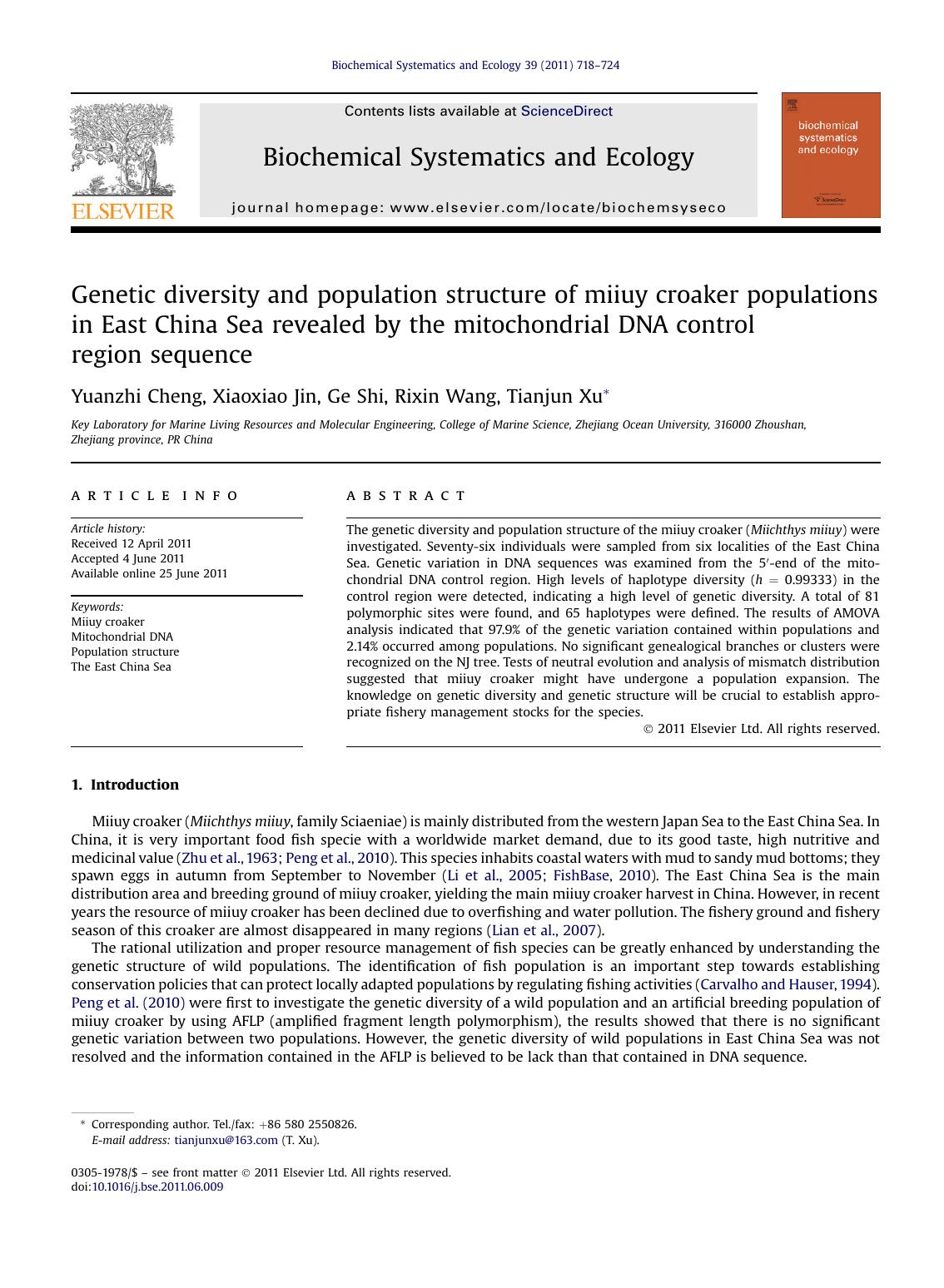 Genetic diversity and population structure of miiuy croaker populations in East China Sea revealed by the mitochondrial DNA control region sequence by Yuanzhi Cheng & Xiaoxiao Jin & Ge Shi & Rixin Wang & Tianjun Xu