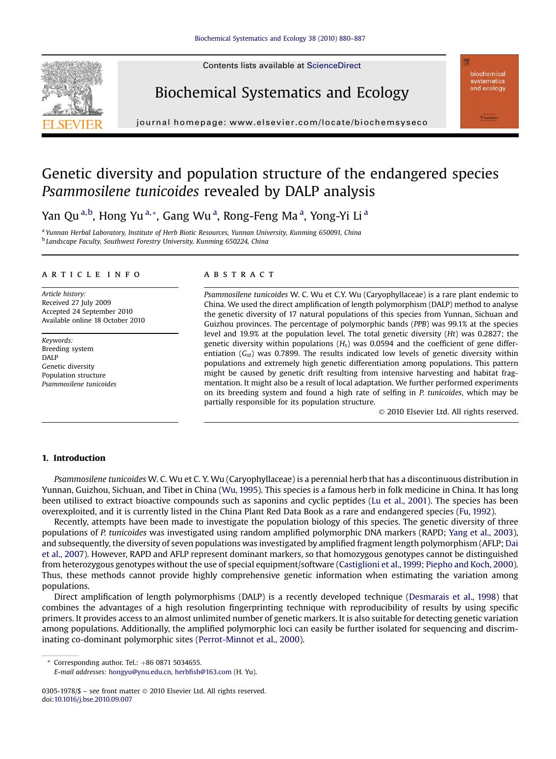 Genetic diversity and population structure of the endangered species Psammosilene tunicoides revealed by DALP analysis by Yan Qu & Hong Yu & Gang Wu & Rong-Feng Ma & Yong-Yi Li