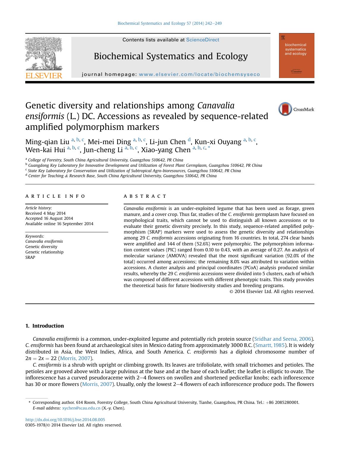 Genetic diversity and relationships among Canavalia ensiformis (L.) DC. Accessions as revealed by sequence-related amplified polymorphism markers by unknow