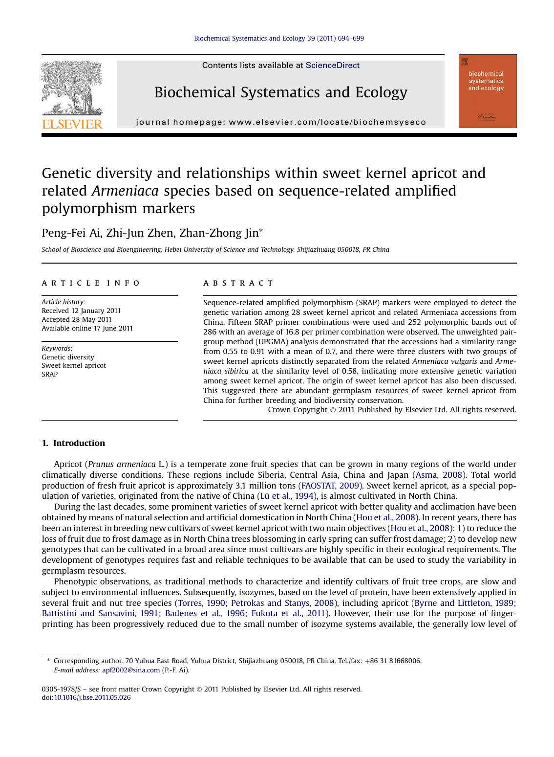 Genetic diversity and relationships within sweet kernel apricot and related Armeniaca species based on sequence-related amplified polymorphism markers by Peng-Fei Ai & Zhi-Jun Zhen & Zhan-Zhong Jin