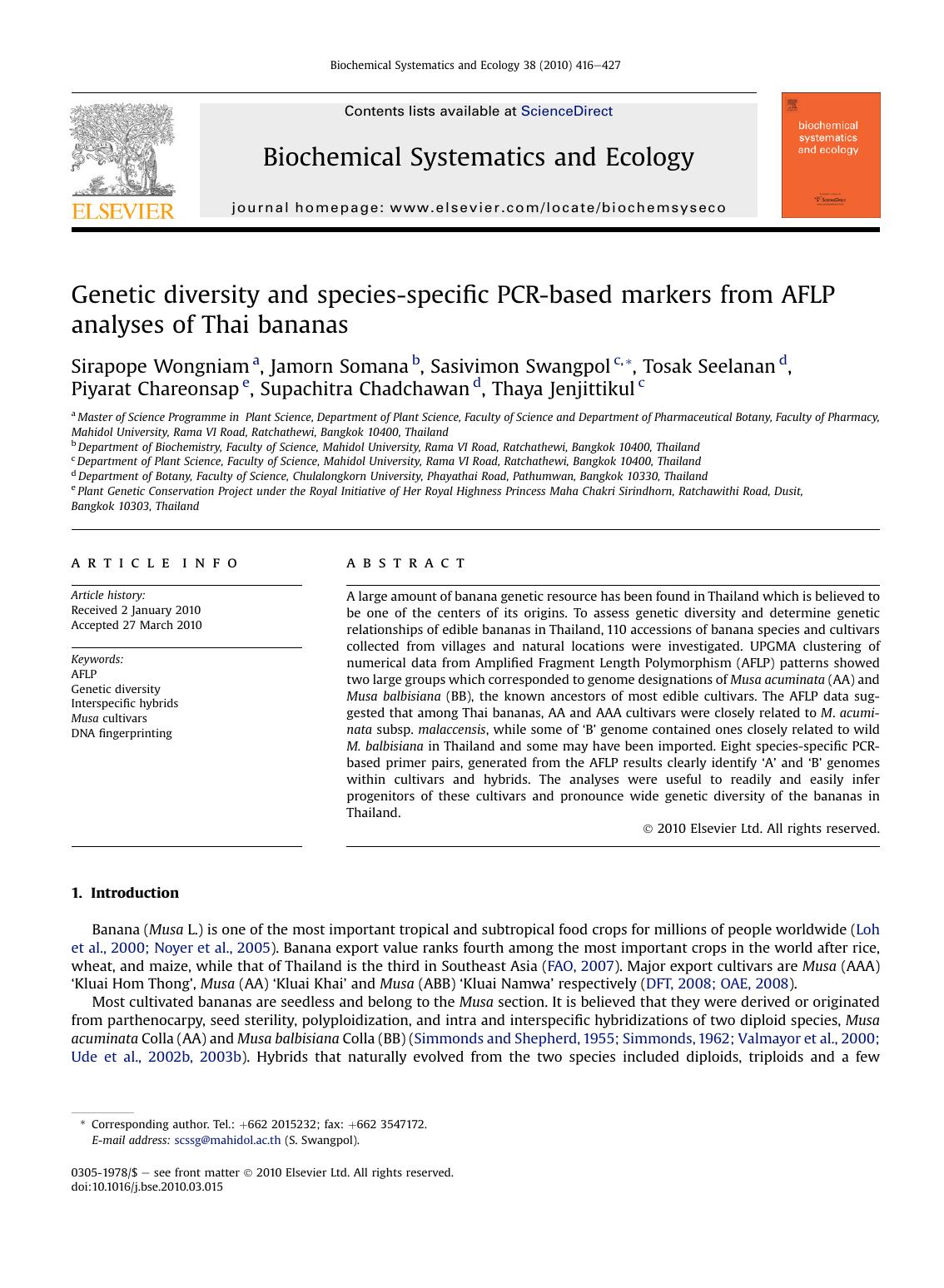 Genetic diversity and species-specific PCR-based markers from AFLP analyses of Thai bananas by unknow