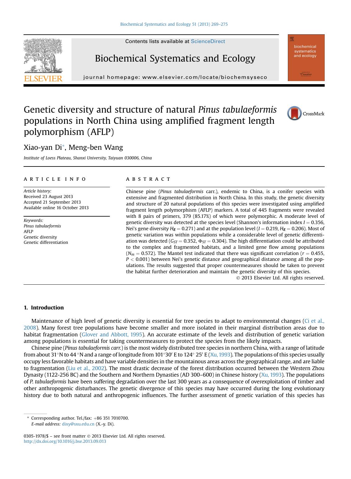 Genetic diversity and structure of natural Pinus tabulaeformis populations in North China using amplified fragment length polymorphism (AFLP) by Xiao-yan Di & Meng-ben Wang