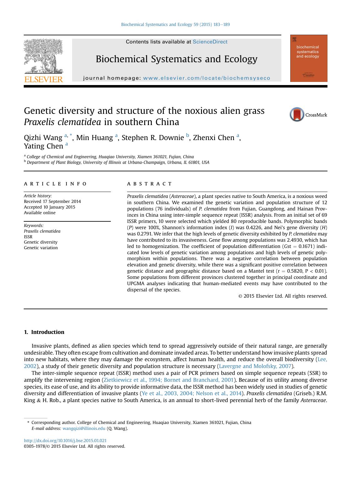 Genetic diversity and structure of the noxious alien grass Praxelis clematidea in southern China by Qizhi Wang & Min Huang & Stephen R. Downie & Zhenxi Chen & Yating Chen