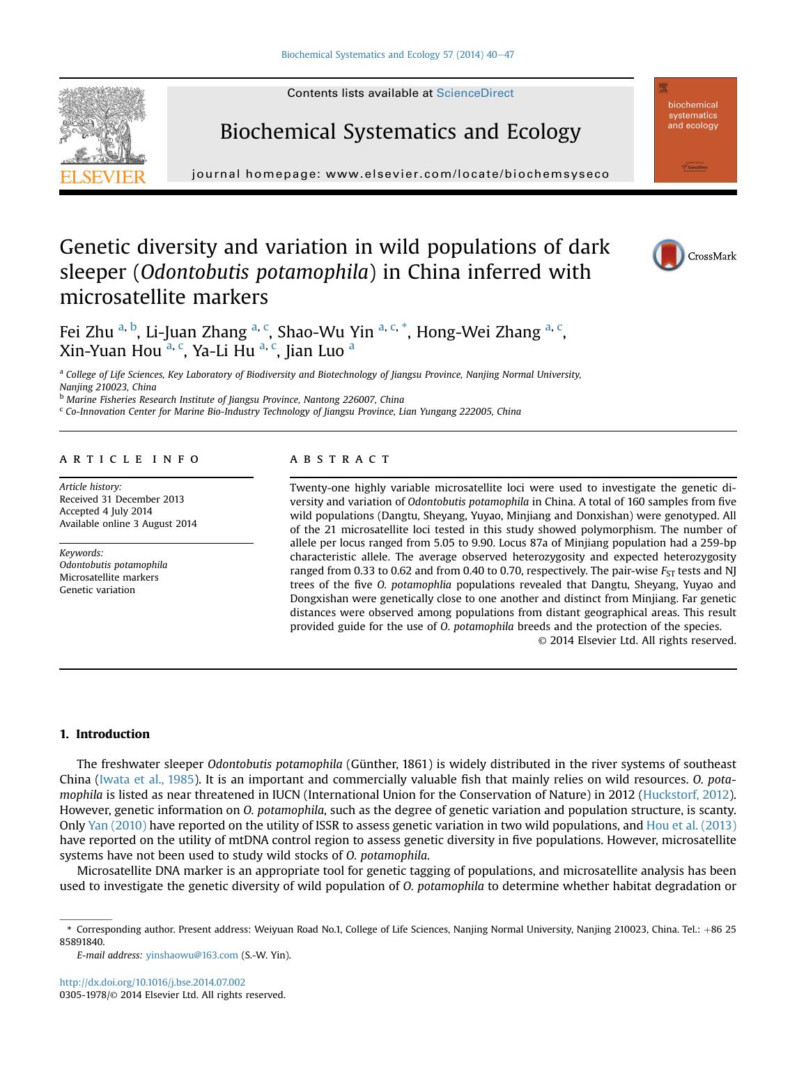 Genetic diversity and variation in wild populations of dark sleeper (Odontobutis potamophila) in China inferred with microsatellite markers by Fei Zhu & Li-Juan Zhang & Shao-Wu Yin & Hong-Wei Zhang & Xin-Yuan Hou & Ya-Li Hu & Jian Luo