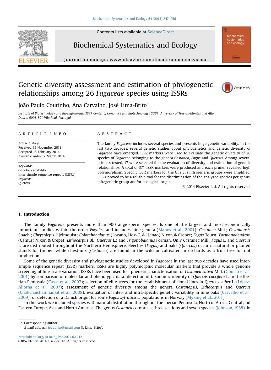 Genetic diversity assessment and estimation of phylogenetic relationships among 26 Fagaceae species using ISSRs by João Paulo Coutinho & Ana Carvalho & José Lima-Brito