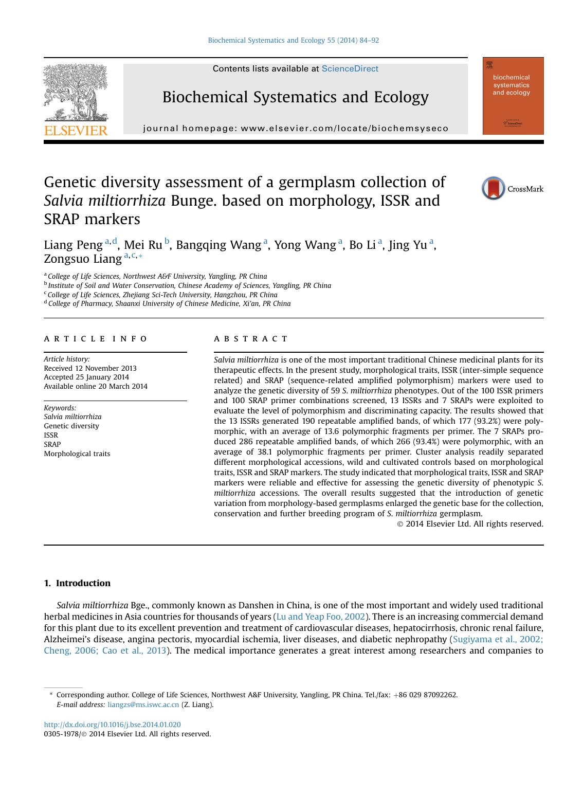 Genetic diversity assessment of a germplasm collection of Salvia miltiorrhiza Bunge. based on morphology, ISSR and SRAP markers by Liang Peng & Mei Ru & Bangqing Wang & Yong Wang & Bo Li & Jing Yu & Zongsuo Liang