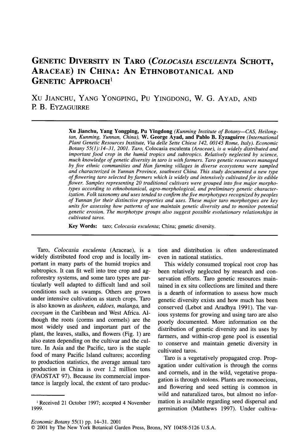 Genetic diversity in Taro ( <Emphasis Type="Italic">Colocasia esculenta <Emphasis> Schott, Araceae) in China: An ethnobotanical and genetic approach by Unknown