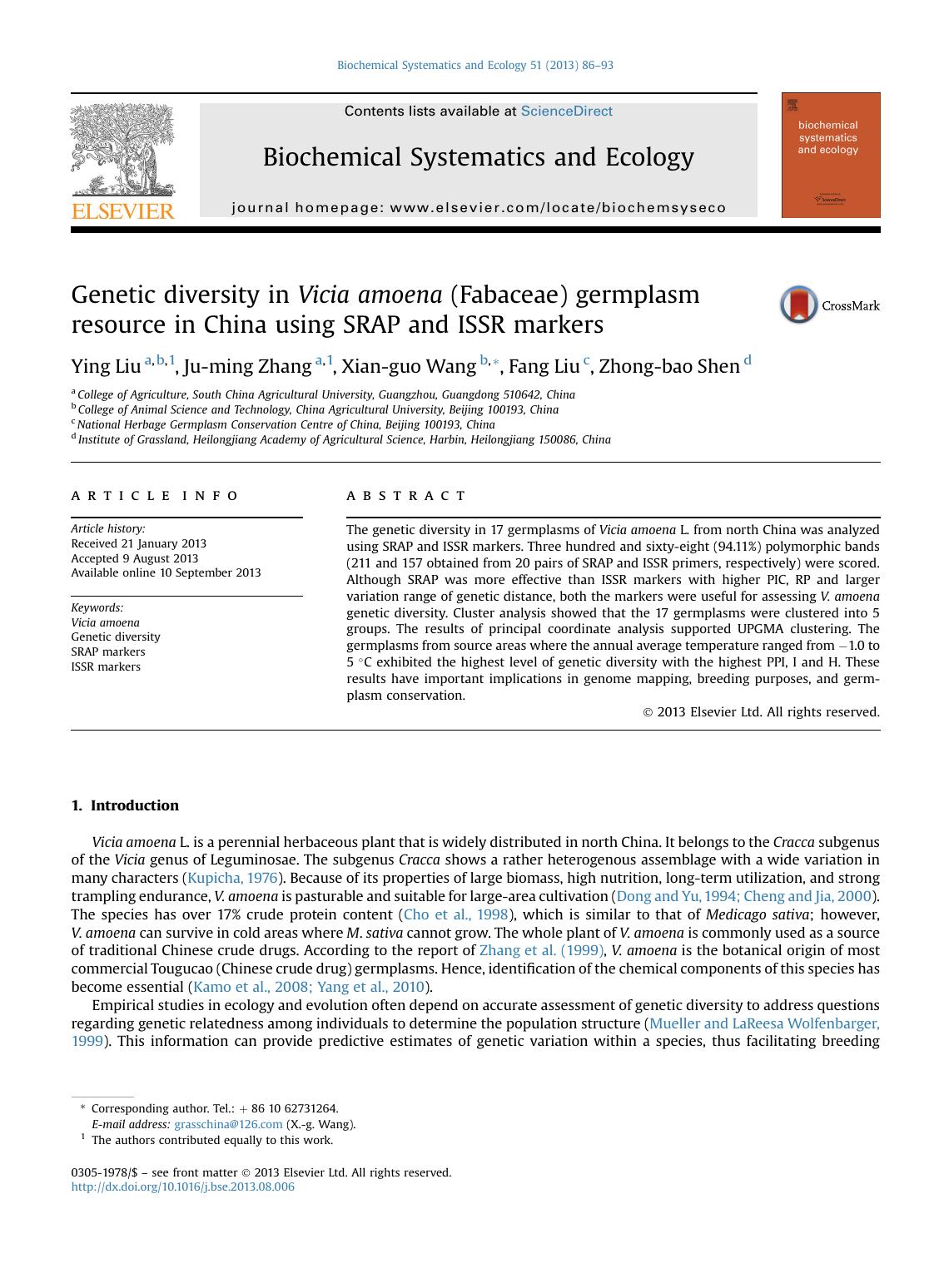Genetic diversity in Vicia amoena (Fabaceae) germplasm resource in China using SRAP and ISSR markers by Ying Liu & Ju-ming Zhang & Xian-guo Wang & Fang Liu & Zhong-bao Shen