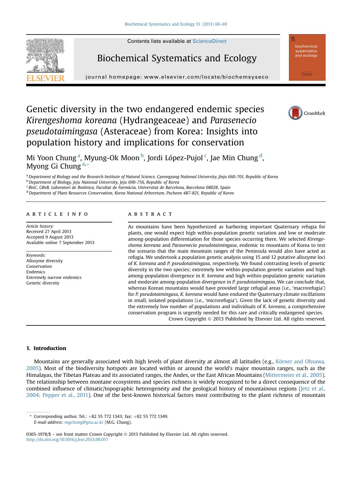 Genetic diversity in the two endangered endemic species Kirengeshoma koreana (Hydrangeaceae) and Parasenecio pseudotaimingasa (Asteraceae) from Korea: Insights into population hist by Mi Yoon Chung & Myung-Ok Moon & Jordi López-Pujol & Jae Min Chung & Myong Gi Chung