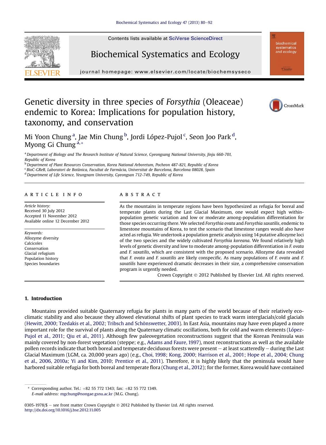 Genetic diversity in three species of Forsythia (Oleaceae) endemic to Korea: Implications for population history, taxonomy, and conservation by Mi Yoon Chung & Jae Min Chung & Jordi López-Pujol & Seon Joo Park & Myong Gi Chung