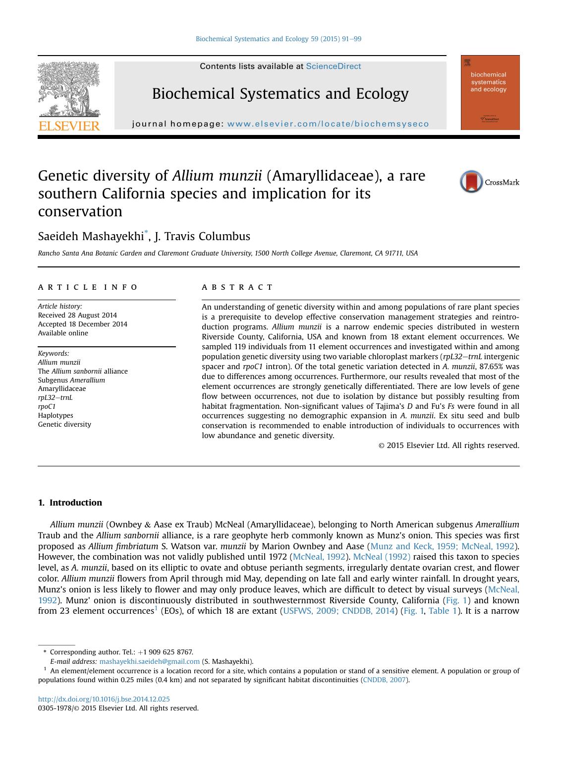 Genetic diversity of Allium munzii (Amaryllidaceae), a rare southern California species and implication for its conservation by Saeideh Mashayekhi & J. Travis Columbus