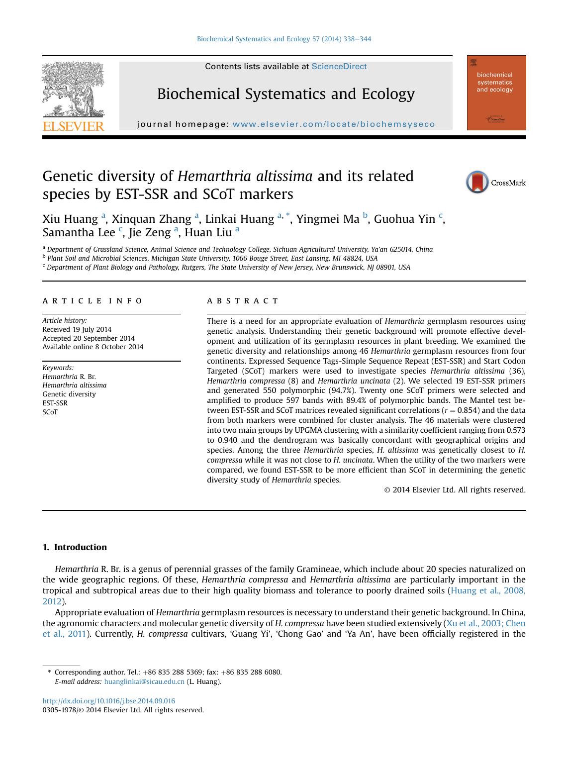 Genetic diversity of Hemarthria altissima and its related species by EST-SSR and SCoT markers by unknow