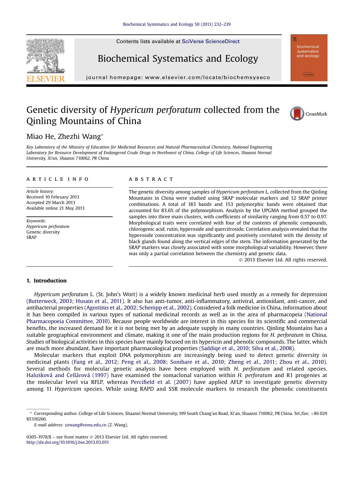 Genetic diversity of Hypericum perforatum collected from the Qinling Mountains of China by Miao He & Zhezhi Wang