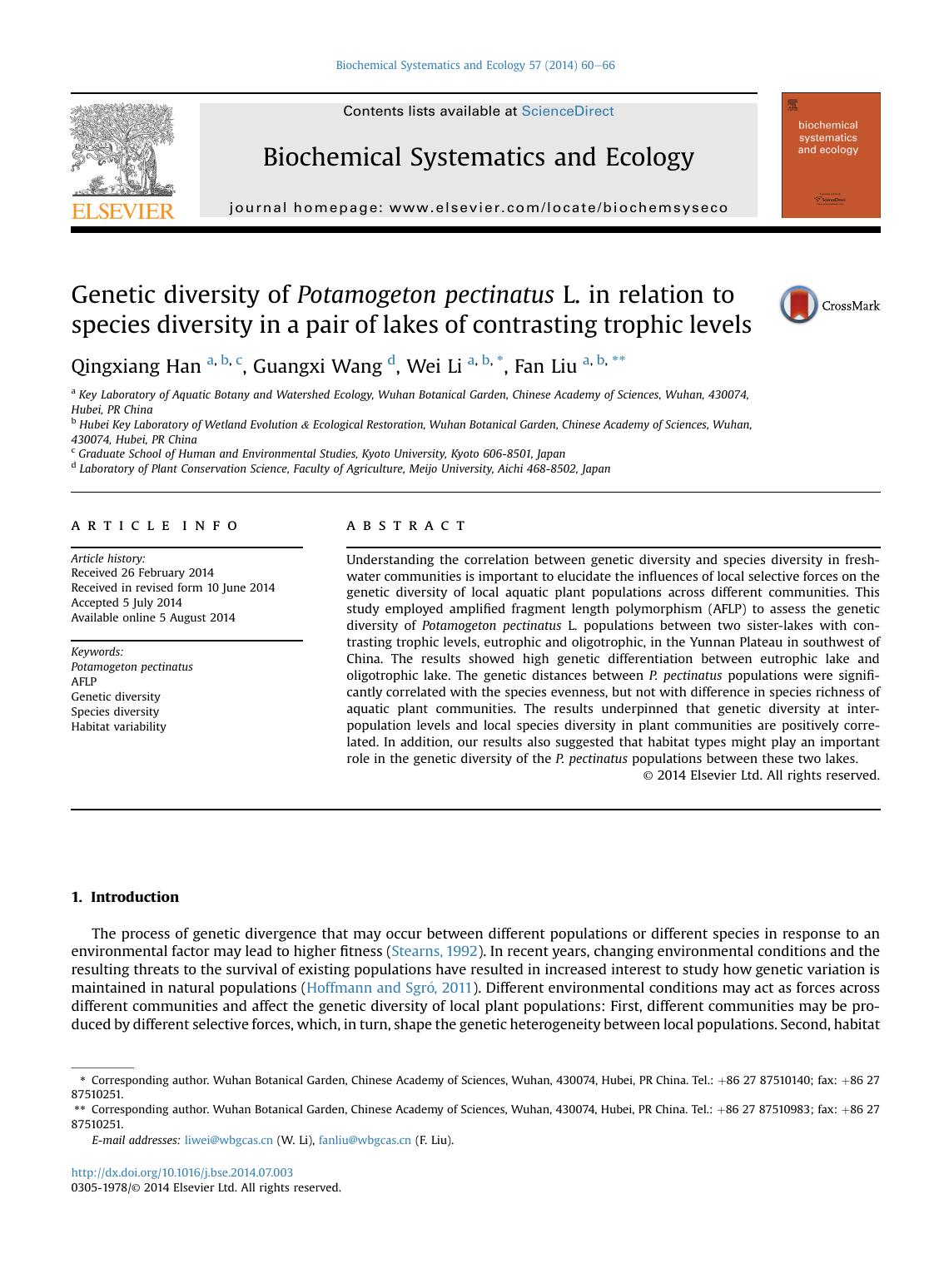 Genetic diversity of Potamogeton pectinatus L. in relation to species diversity in a pair of lakes of contrasting trophic levels by Qingxiang Han & Guangxi Wang & Wei Li & Fan Liu