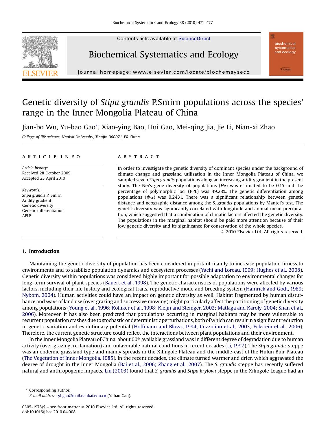 Genetic diversity of Stipa grandis P.Smirn populations across the species&#x2019; range in the Inner Mongolia Plateau of China by Jian-bo Wu & Yu-bao Gao & Xiao-ying Bao & Hui Gao & Mei-qing Jia & Jie Li & Nian-xi Zhao