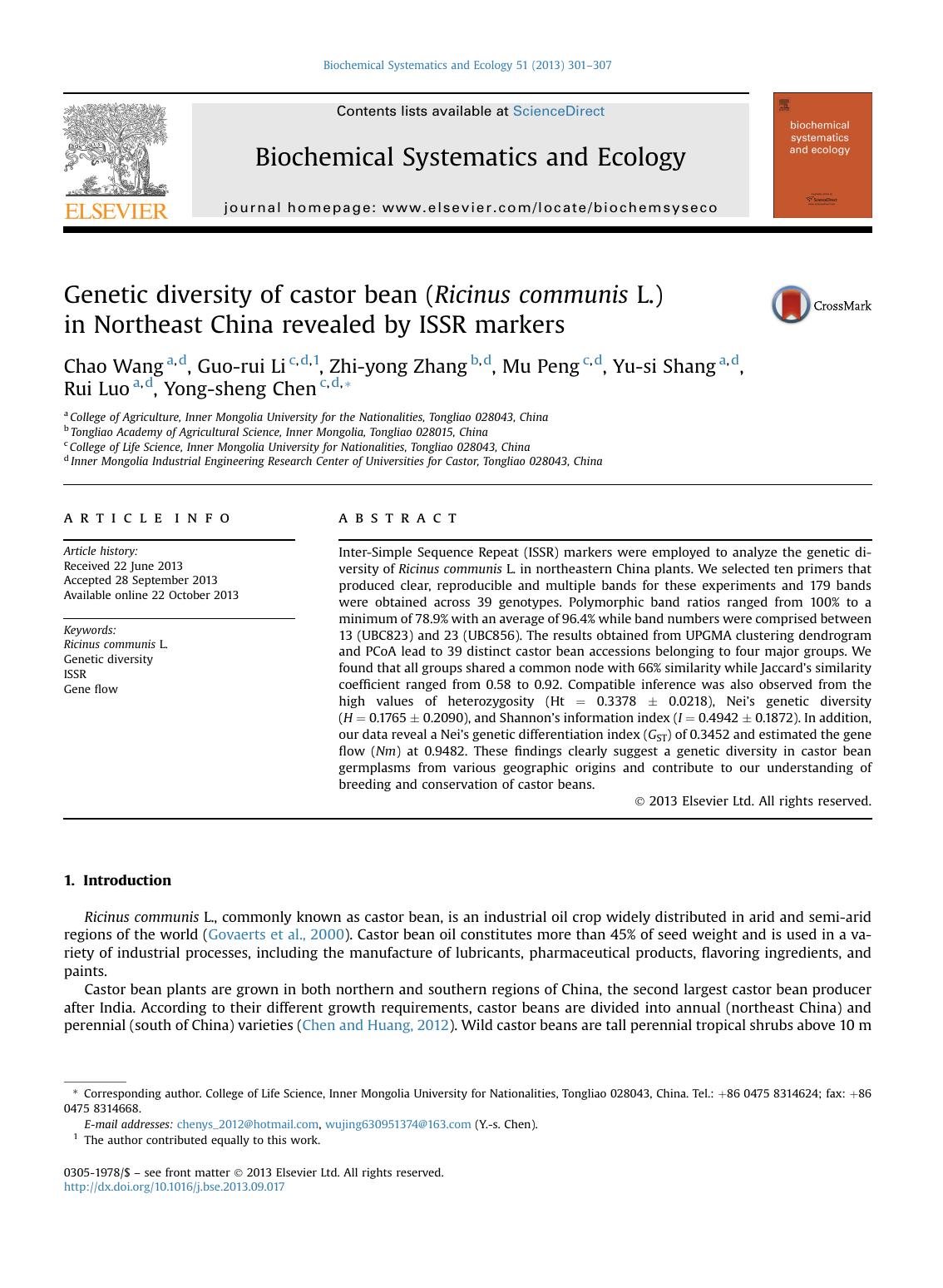 Genetic diversity of castor bean (Ricinus communis L.) in Northeast China revealed by ISSR markers by Chao Wang & Guo-rui Li & Zhi-yong Zhang & Mu Peng & Yu-si Shang & Rui Luo & Yong-sheng Chen