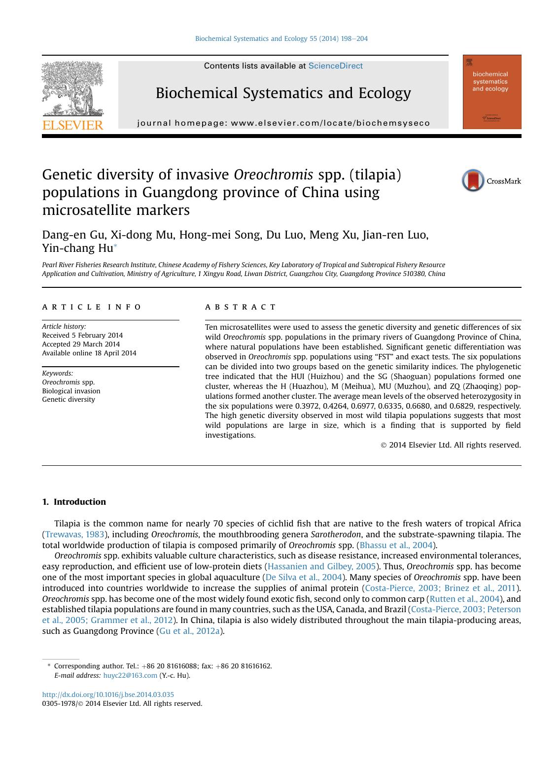 Genetic diversity of invasive Oreochromis spp. (tilapia) populations in Guangdong province of China using microsatellite markers by Dang-en Gu & Xi-dong Mu & Hong-mei Song & Du Luo & Meng Xu & Jian-ren Luo & Yin-chang Hu
