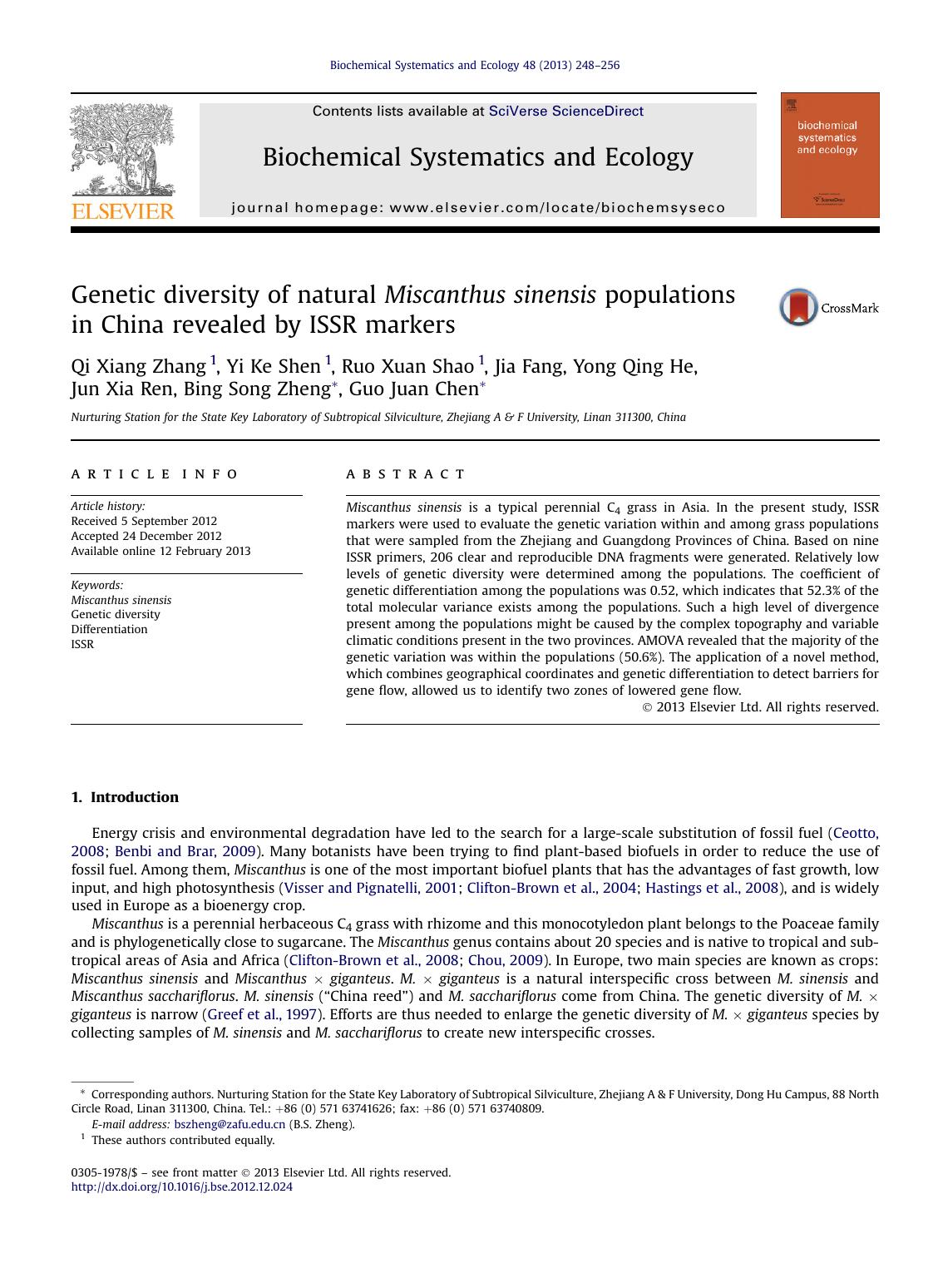 Genetic diversity of natural Miscanthus sinensis populations in China revealed by ISSR markers by unknow