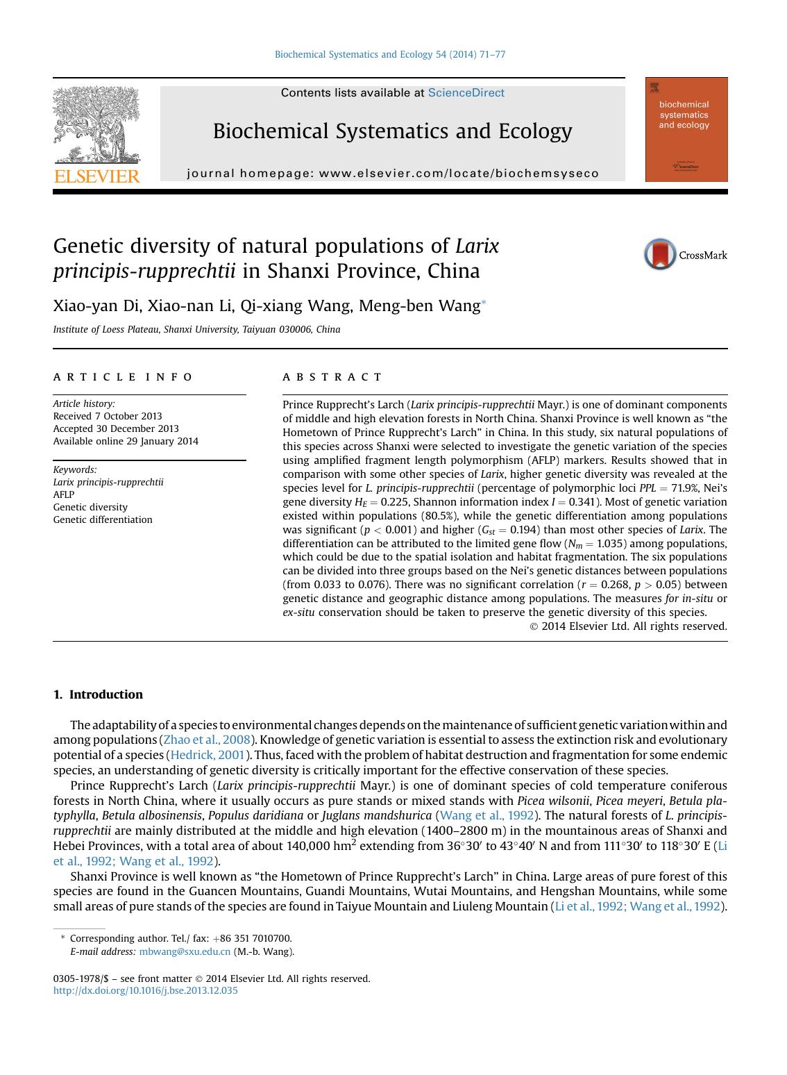 Genetic diversity of natural populations of Larix principis-rupprechtii in Shanxi Province, China by Xiao-yan Di & Xiao-nan Li & Qi-xiang Wang & Meng-ben Wang