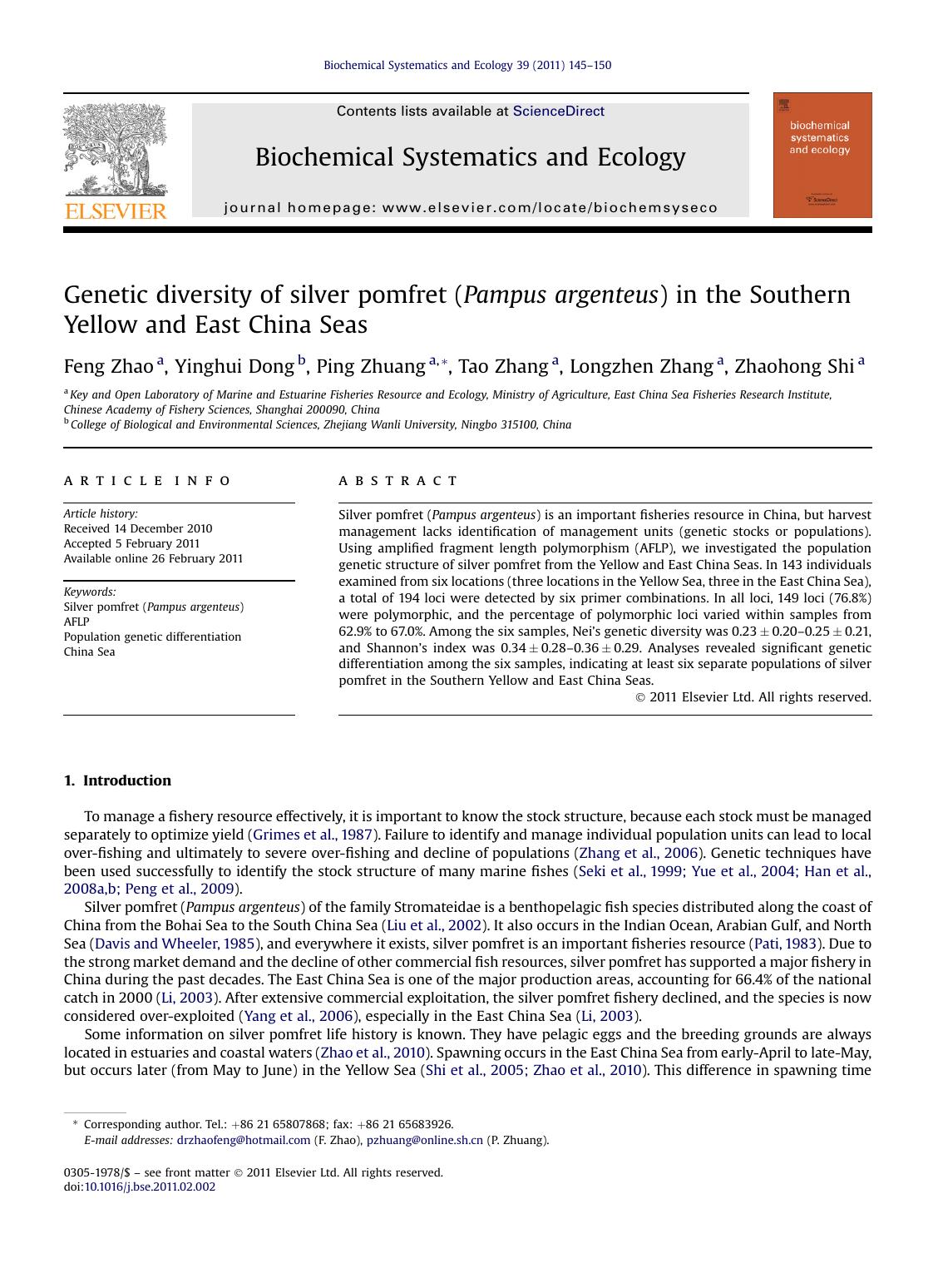 Genetic diversity of silver pomfret (Pampus argenteus) in the Southern Yellow and East China Seas by Feng Zhao & Yinghui Dong & Ping Zhuang & Tao Zhang & Longzhen Zhang & Zhaohong Shi
