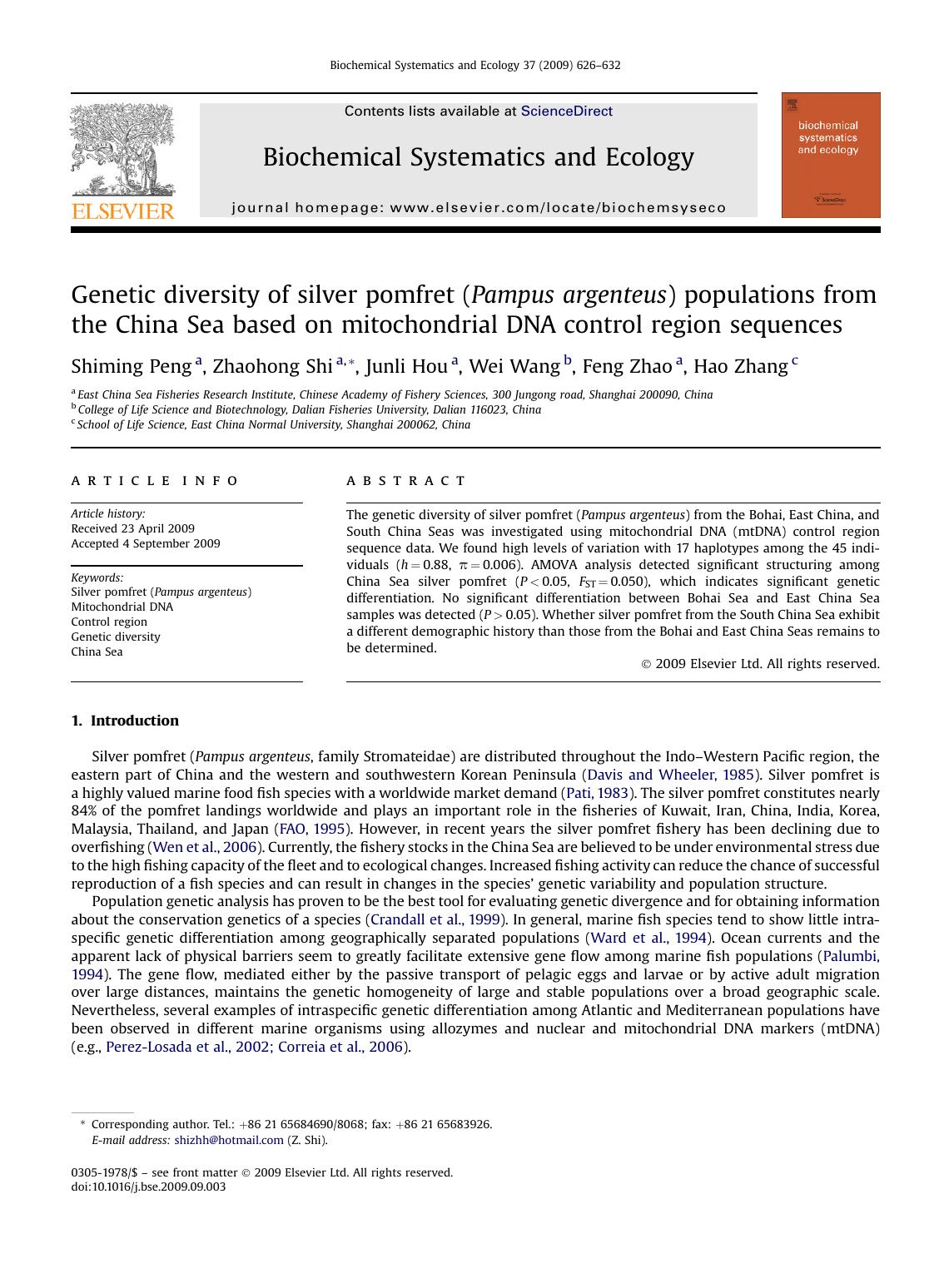 Genetic diversity of silver pomfret (Pampus argenteus) populations from the China Sea based on mitochondrial DNA control region sequences by Shiming Peng; Zhaohong Shi; Junli Hou; Wei Wang; Feng Zhao; Hao Zhang
