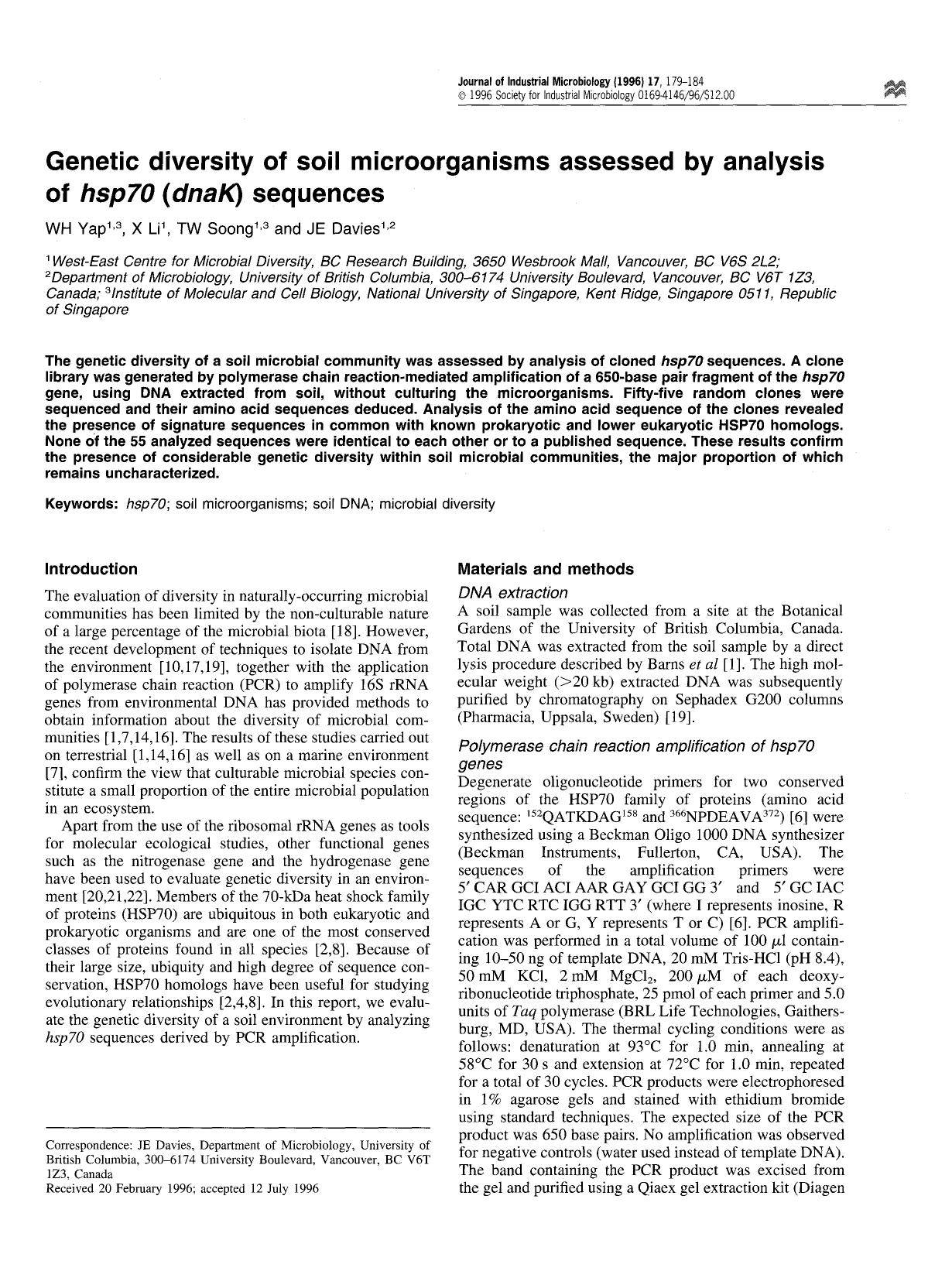 Genetic diversity of soil microorganisms assessed by analysis of <Emphasis Type="Italic">hsp70 (dnaK) <Emphasis> sequences by Unknown