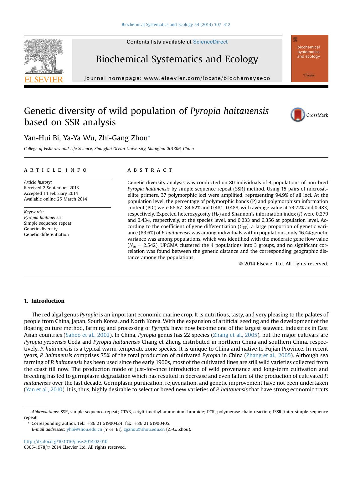 Genetic diversity of wild population of Pyropia haitanensis based on SSR analysis by Yan-Hui Bi & Ya-Ya Wu & Zhi-Gang Zhou