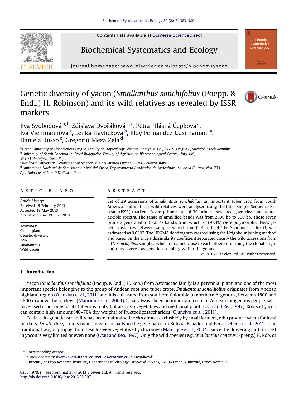 Genetic diversity of yacon (Smallanthus sonchifolius (Poepp. &amp; Endl.) H. Robinson) and its wild relatives as revealed by ISSR markers by unknow