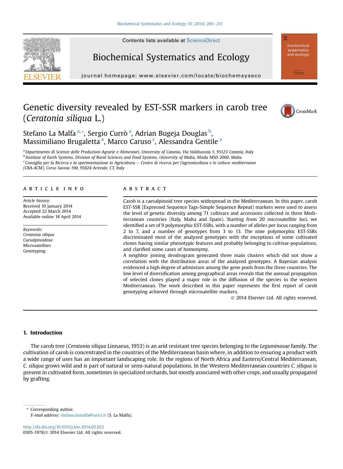 Genetic diversity revealed by EST-SSR markers in carob tree (Ceratonia siliqua L.) by unknow