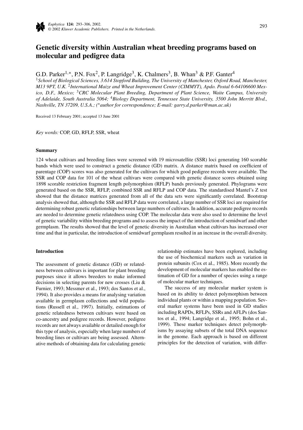 Genetic diversity within Australian wheat breeding programs based on molecular and pedigree data by Unknown