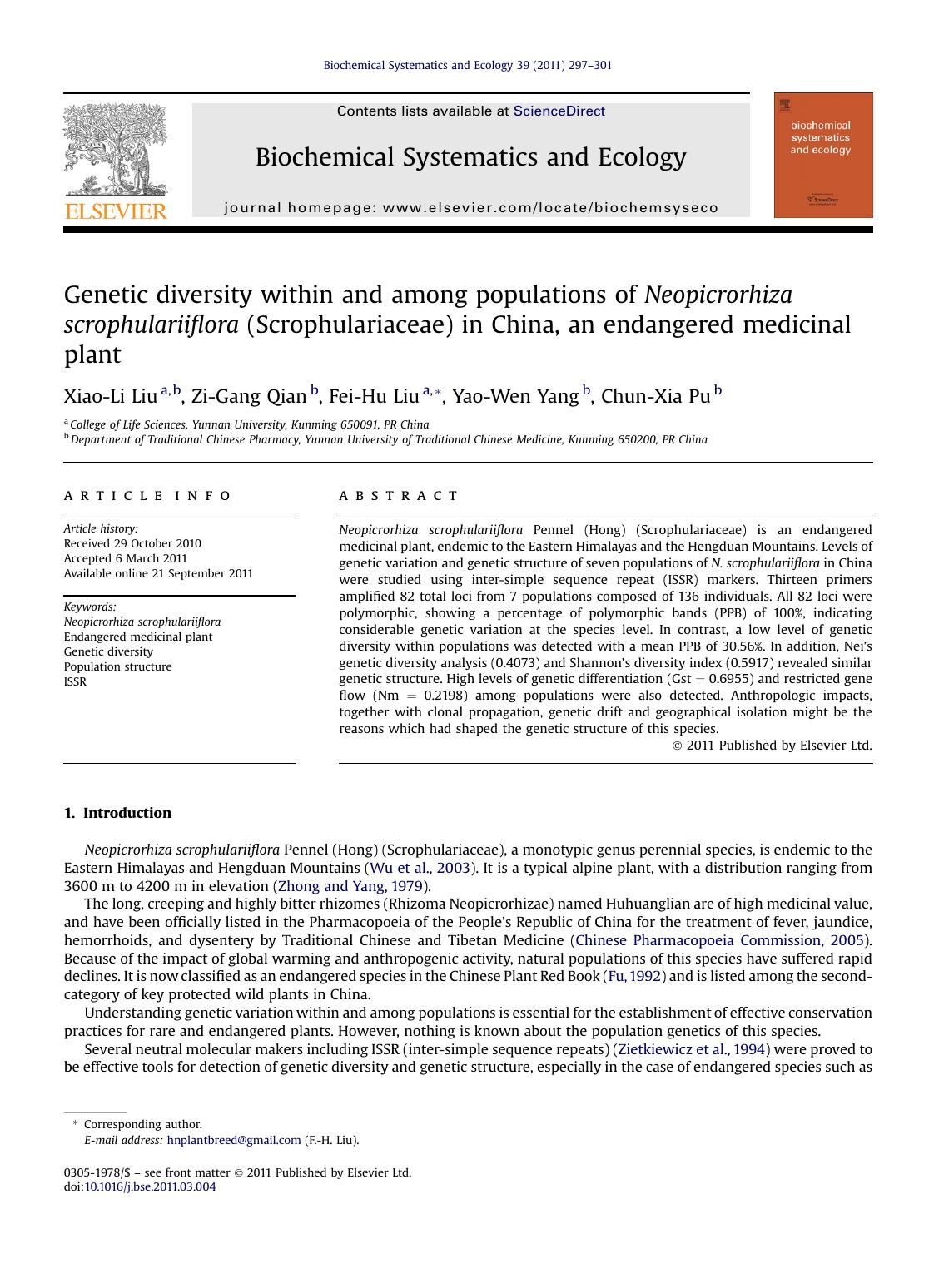 Genetic diversity within and among populations of Neopicrorhiza scrophulariiflora (Scrophulariaceae) in China, an endangered medicinal plant by Xiao-Li Liu & Zi-Gang Qian & Fei-Hu Liu & Yao-Wen Yang & Chun-Xia Pu