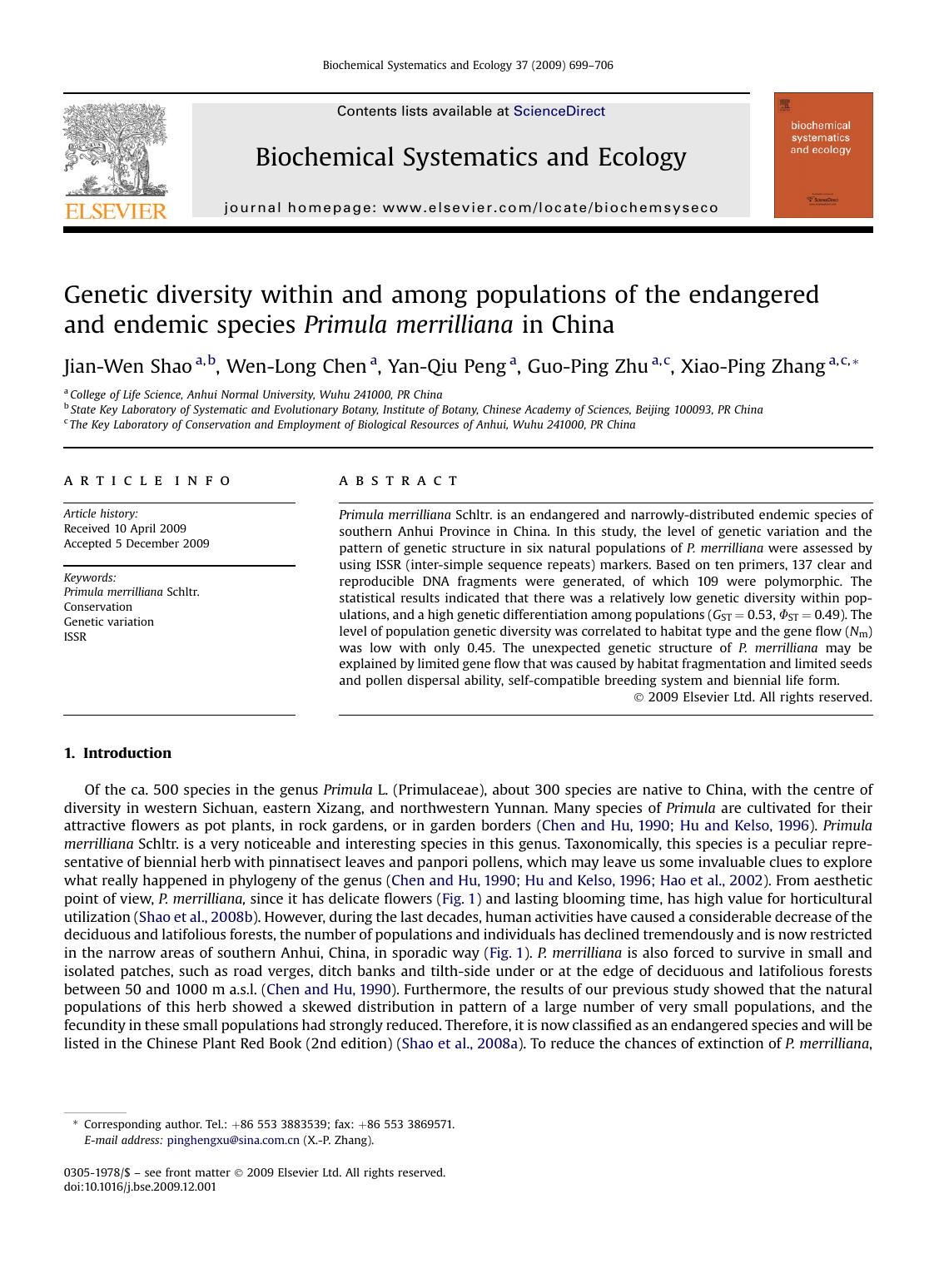Genetic diversity within and among populations of the endangered and endemic species Primula merrilliana in China by Jian-Wen Shao; Wen-Long Chen; Yan-Qiu Peng; Guo-Ping Zhu; Xiao-Ping Zhang