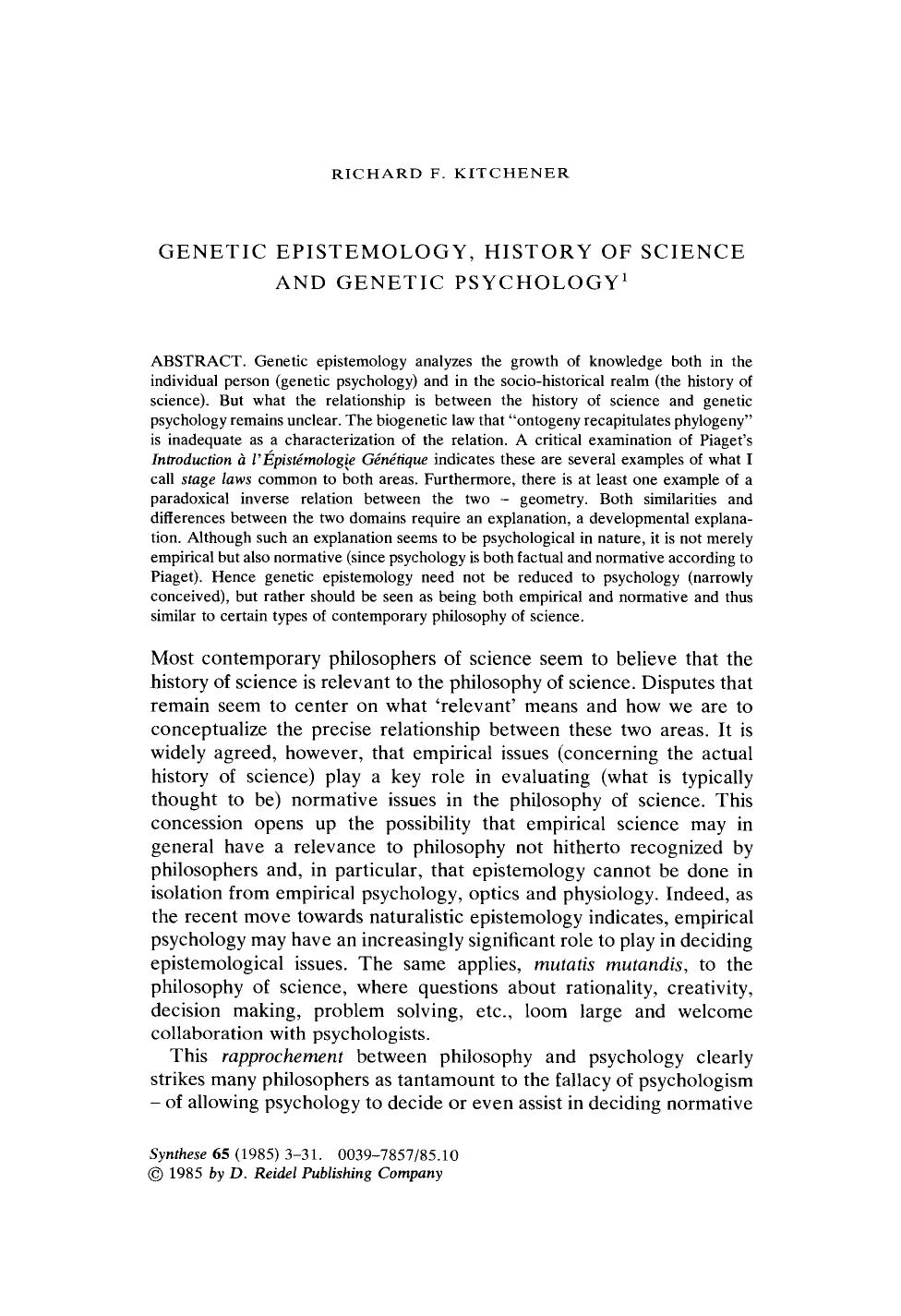 Genetic epistemology, history of science and genetic psychology by Unknown