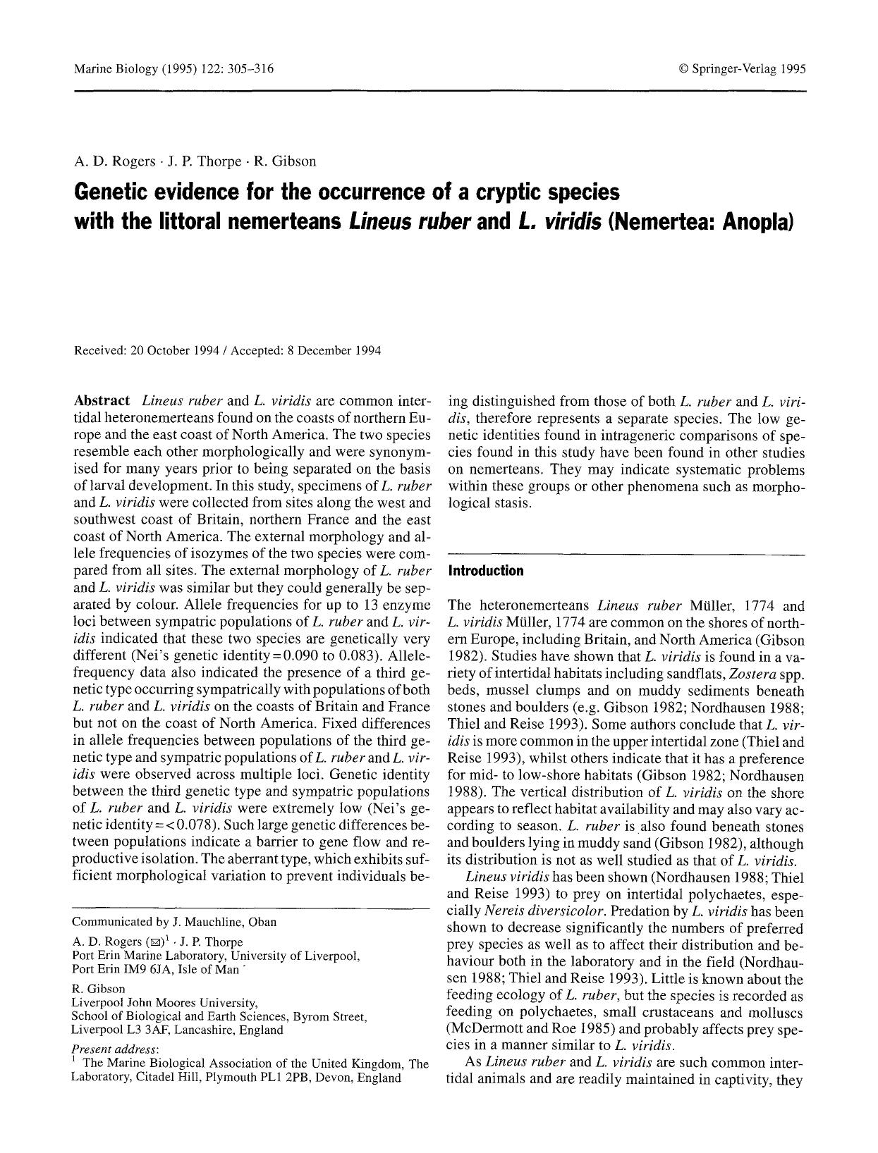 Genetic evidence for the occurrence of a cryptic species with the littoral nemerteans <Emphasis Type="Italic">Lineus ruber<Emphasis> and <Emphasis Type="Italic">L. viridis<Emphasis> (Nemertea: Anopla) by Unknown