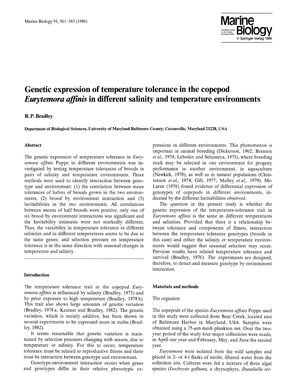 Genetic experssion of temperature tolerance in the copepod <Emphasis Type="Italic">Eurytemora affinis<Emphasis> in different salinity and temperature environments by Unknown
