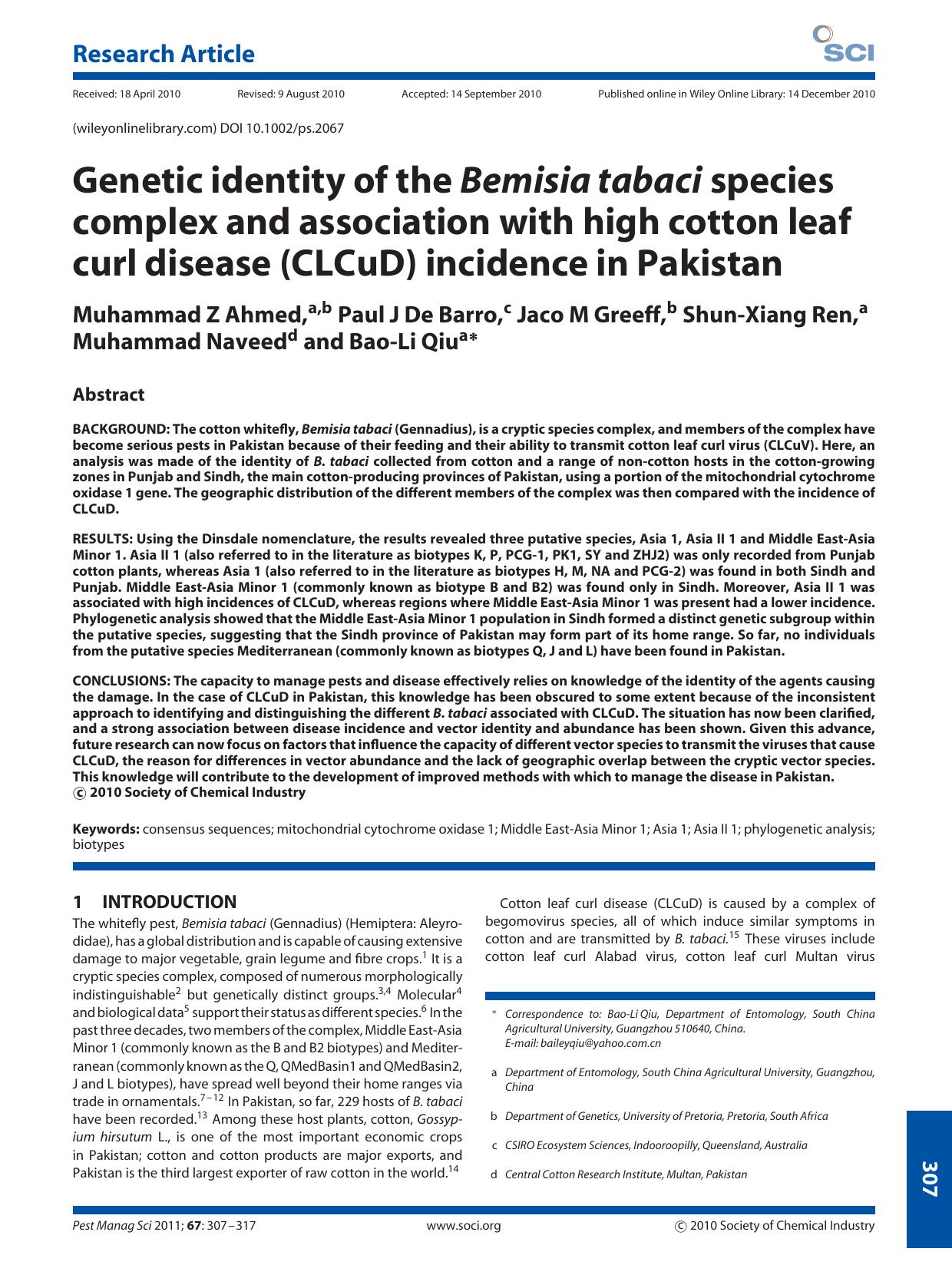 Genetic identity of the Bemisia tabaci species complex and association with high cotton leaf curl disease (CLCuD) incidence in Pakistan by Unknown