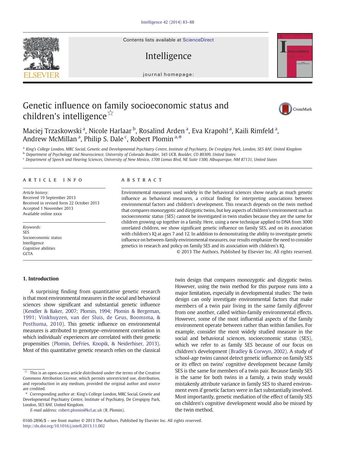 Genetic influence on family socioeconomic status and children's intelligence by unknow