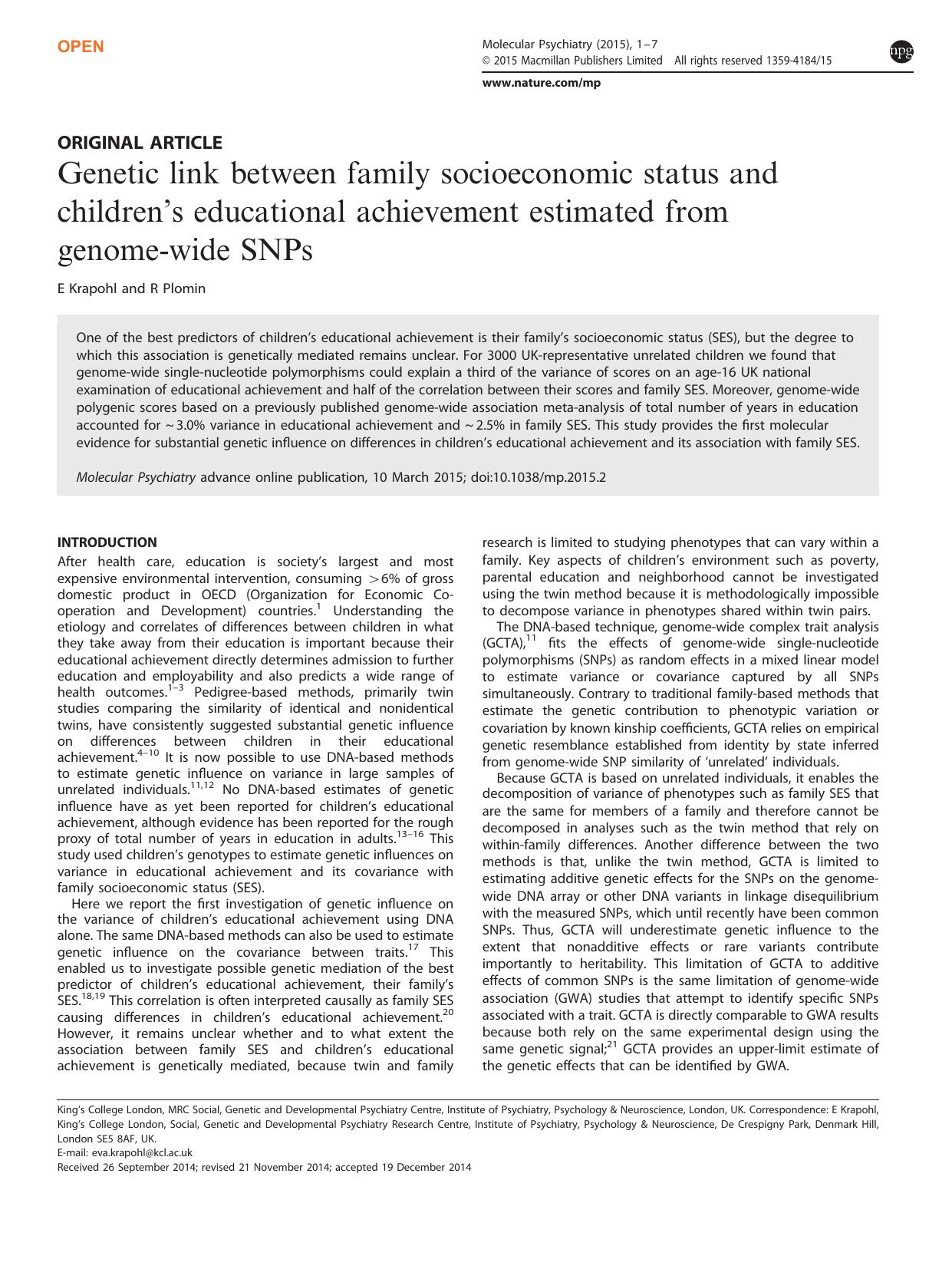Genetic link between family socioeconomic status and children&rsquo;s educational achievement estimated from genome-wide SNPs by E Krapohl & R Plomin &