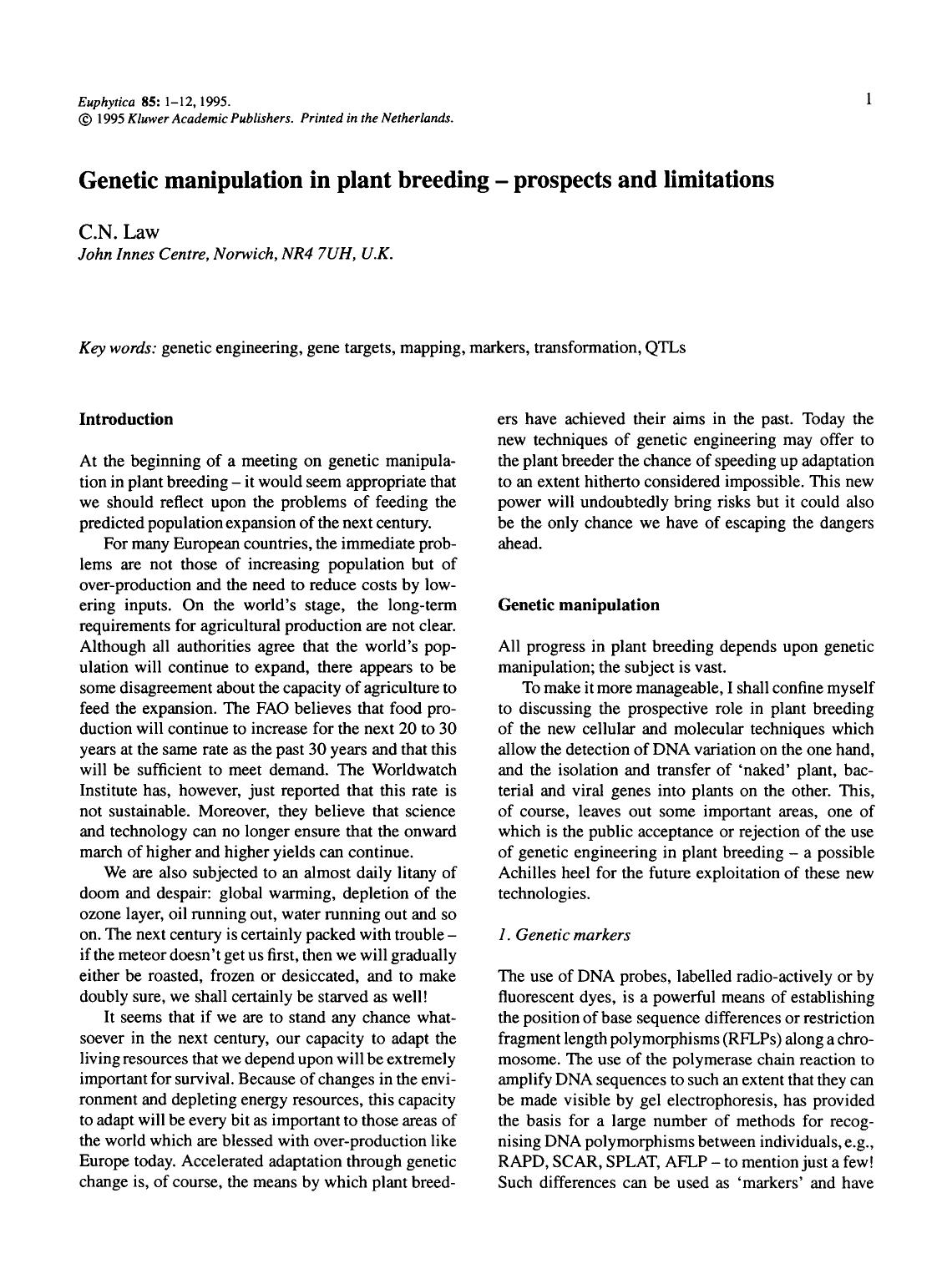 Genetic manipulation in plant breeding &#x2014; prospects and limitations by Unknown